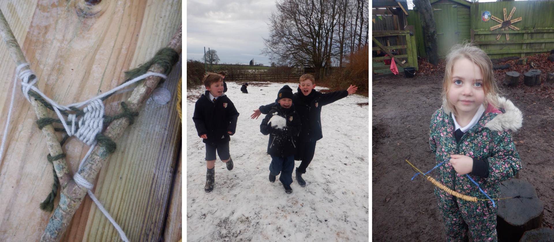 Growing Minds outdoor learning in January 2026 Handcrafted loom, children having fun in the snow and a biodegradable bird feeder
